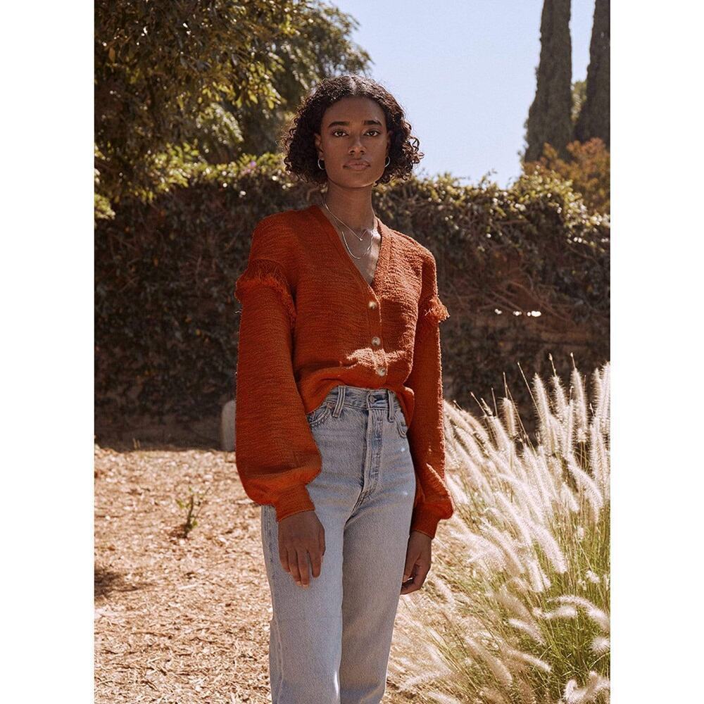 Saylor Marleny Fringe Cardigan Sweater Rust Burnt Orange Cinnamon XS